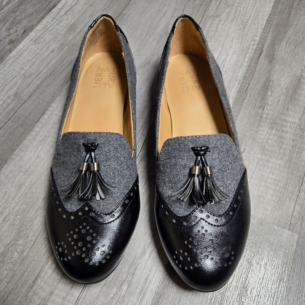 Naturalizer Wingtip Tassel Loafers Black Grey Felt Dark Academia Flats 10M